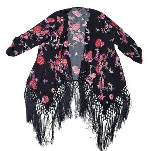 Torrid‎ Floral Fringe Trim Kimono Womens Size 3 Black Pink Rayon Boho Bloomcore